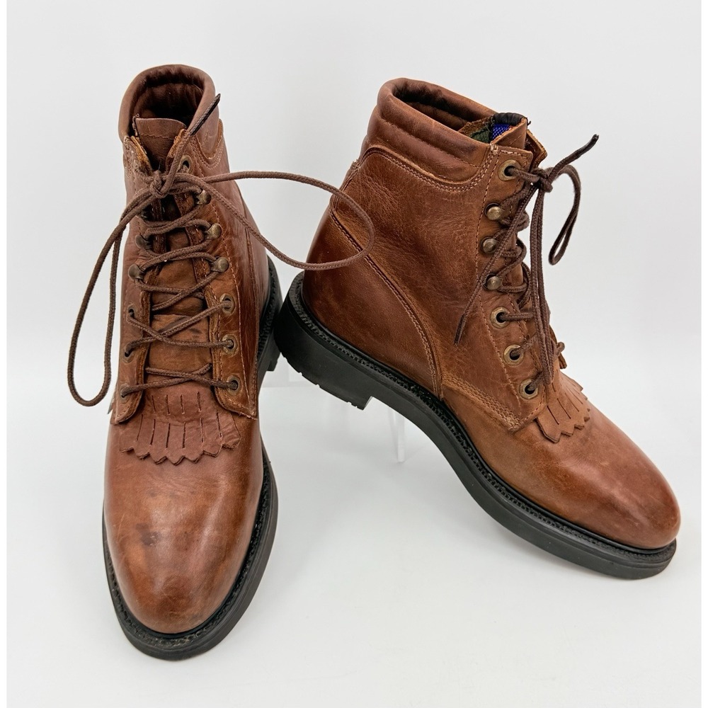 Justin Original Workboots Women's 7.5B Kiltie Lace Up Boot USA Made Cognac L0774